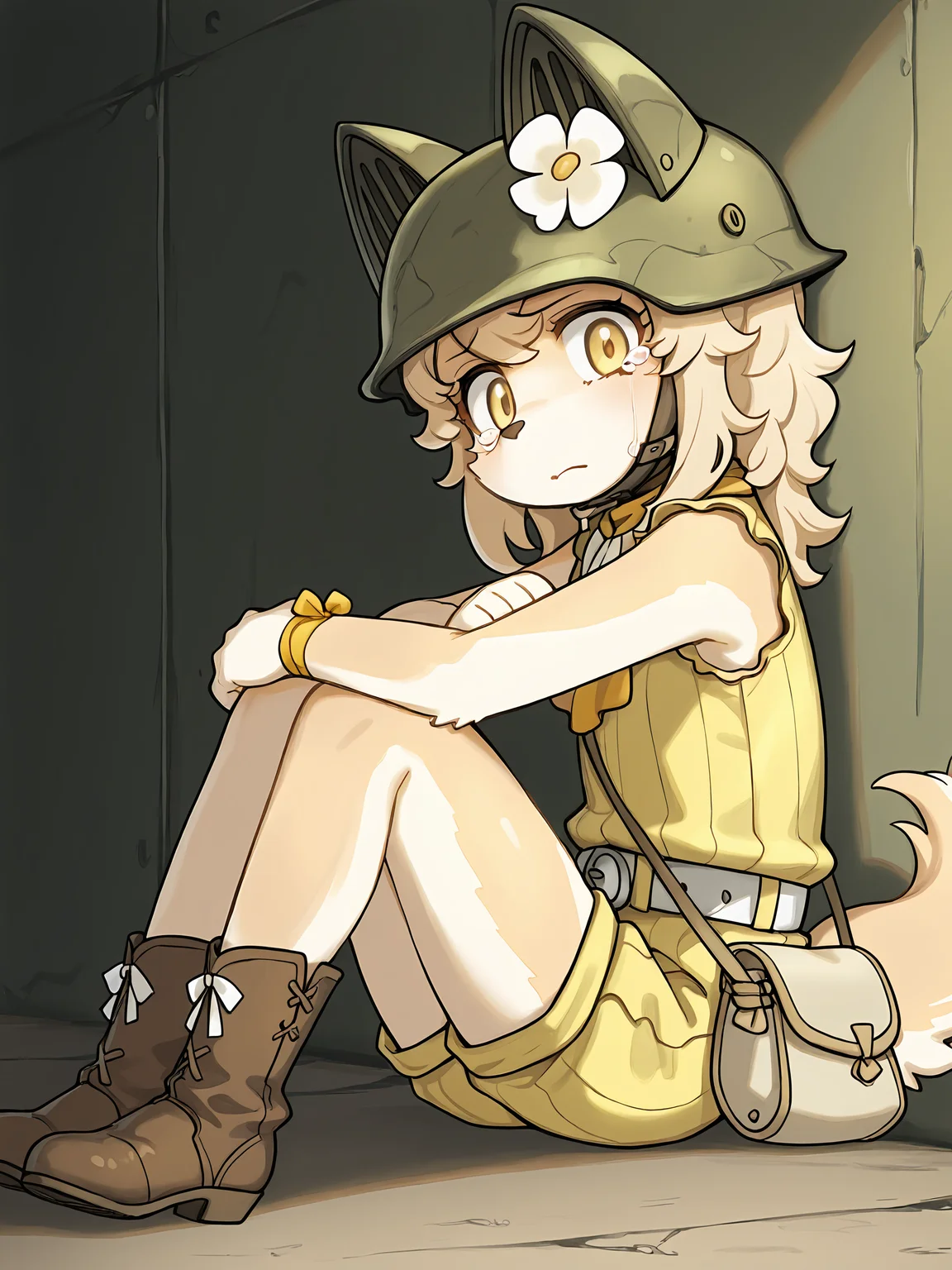 BREAK, <lora:Chick_Montblanc_Illustrious_V1:1>, Chick Montblanc, Fuga: Melodies of Steel, kemono, furry female, 1girl, dog girl, beige fur, white fur, multicolored fur, yellow eyes, blonde hair, short hair, animal ears, dog ears, dog tail, Fuga 2 Appearance, long hair,
BREAK, Fuga 2 Outfit, brown boots, yellow shorts, yellow dress, sleeveless, white ribbon, white belt, handbag, yellow neckerchief, wrist ribbon, helmet, flower on helmet,
BREAK, solo, looking at viewer, arms crossed, closed mouth, sad, tears, crying, sitting, arms around legs, holding legs, head tilt,