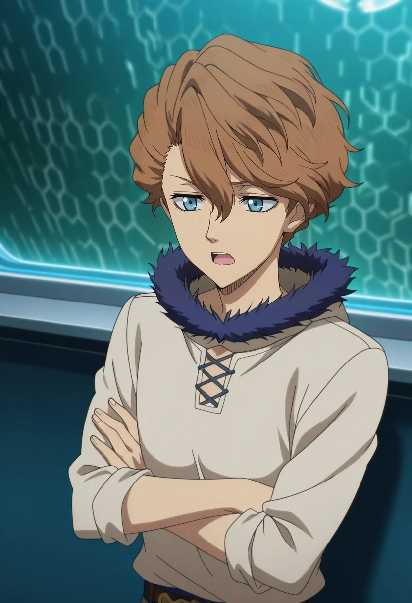 masterpiece, best quality, , anime screencap, anime coloring, official style, , 1boy, solo, male focus, <lora:langris_vaude_ilxl:0.94>, langris_vaude, brown hair, blue eyes, short hair, hair between eyes, fur trim, asymmetrical, spaceship, midnight, arms under breasts, open mouth, Cyan Corduroy Honeycomb Ski pants, Linen Henley shirt, , Visor,