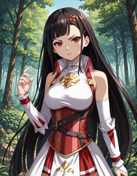 score_9, score_8_up, source_anime, 1girl, upper body, medium shot, detailed, mgrcsasaraminagi, black hair, very long hair, asymmetrical bangs, red eyes, looking at viewer, red hairpin, high collar, white sleeveless dress, gold chest guard, red corset, white elbow gloves, white wrist guards, red skirt under dress, serious, hand up, dynamic pose, outdoors, forest, (side view:0.6), <lora:mgrcsasaraminagi_XL:0.9>