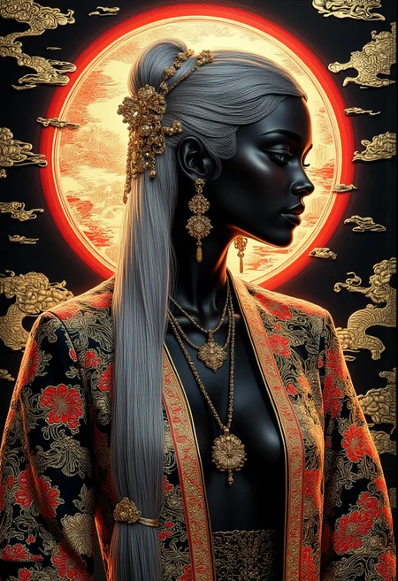 midjourney_whisper_avant_couture, Silhouette Art, breathtaking detailed, masterpiece, awe-inspiring, radiant, magnificent, stunning oriental woman, long loose silver hair, gold, black and red cheongsam with eastern dragon designs, earrings, necklaces