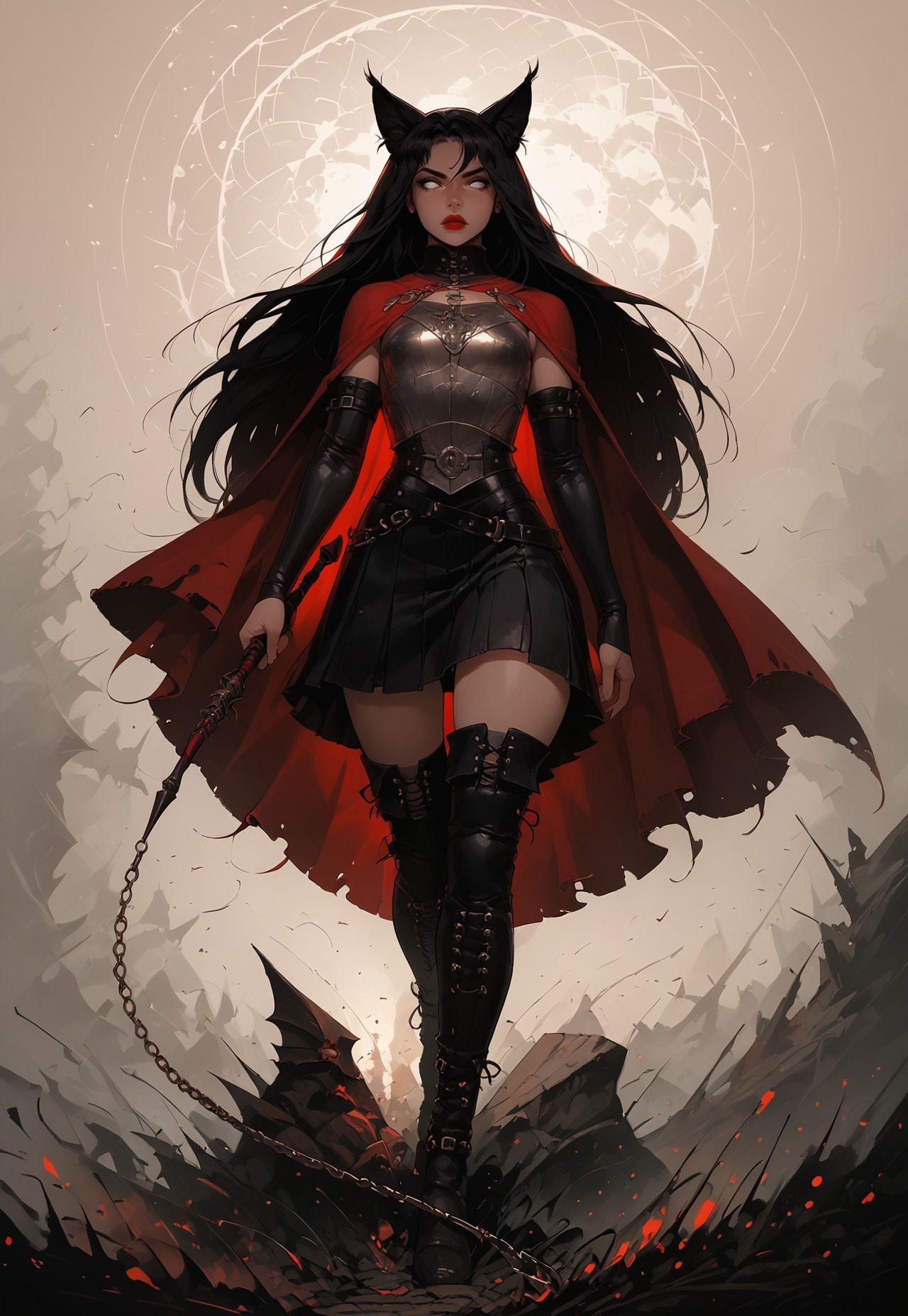 safe_pos, (score_9, score_8_up:1.1), score_7_up, 1girl, sexy, white eyes, no pupils, red lips, lynx ears, black hair, very long hair, small breasts, (thick thighs), metal death knight armor, ((steel breastplate)), pauldrons, gladiator skirt, petard, (laced leather pants), thigh boots, long red cape, holding a chain whip, dungeons and dragons, goddess, (walking through a fantasy hell), dynamic angle, side view