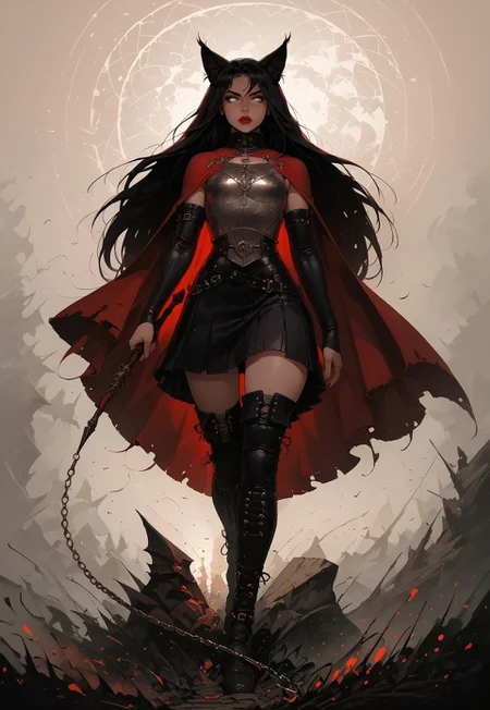 safe_pos, (score_9, score_8_up:1.1), score_7_up, 1girl, sexy, white eyes, no pupils, red lips, lynx ears, black hair, very long hair, small breasts, (thick thighs), metal death knight armor, ((steel breastplate)), pauldrons, gladiator skirt, petard, (laced leather pants), thigh boots, long red cape, holding a chain whip, dungeons and dragons, goddess, (walking through a fantasy hell), dynamic angle, side view