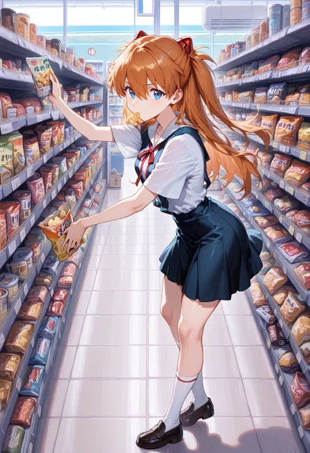 masterpiece,best quality,amazing quality, detailed background, great lighting,
1girl,Soryu Asuka Langley, school uniform, shopping, dynamic pose, looking at viewer, holding photo chips, snacks, sweets,
c0nv3ni3nc3st0r3, convenience store, aisles, stocked shelves, bright lighting,
<lora:Convenience_Store:0.8>, <lora:detailed_notrigger:0.4>, <lora:NAI_QualityV1.1:0.2>