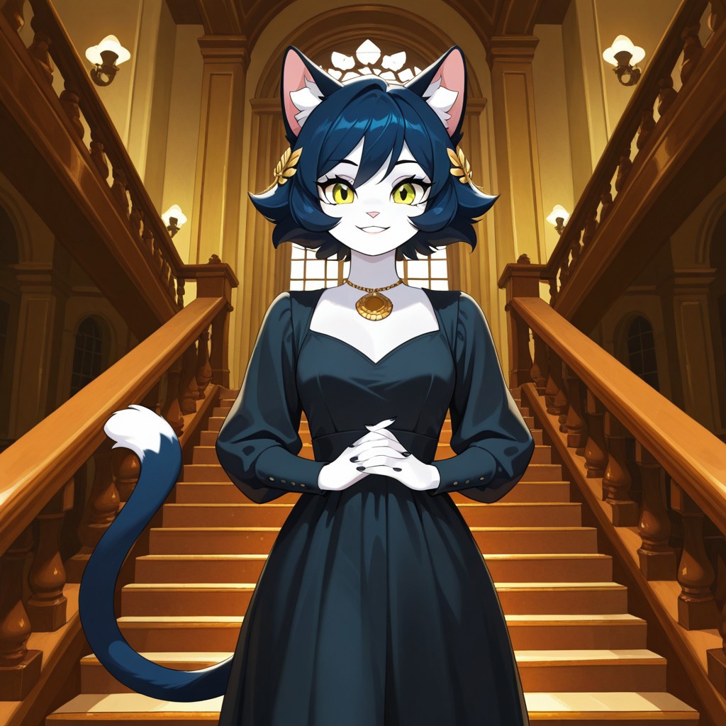 masterpiece, best quality, absurdres, very aesthetic, perfect eyes, (detailed eyes:1.5), detailed hands, (detailed fingers:1.5), detailed nails, detailed face, smiling, Cyanna1c, Cyanna, Cat Girl, Furry Female, 1Girl, Dark Blue Hair, Short Hair, Tall Cat Ears, Yellow-Green Eyes, Pink Cat Nose, White Face, White Skin, White Fur, White Body Fur, Cat Tail, Dark Blue Cat Tail, White Tipped Tail, elegant black dress, gold hair ornaments, posing, standing on bifurcated staircase, ornate house, front view, looking at viewer, inside, cowboy shot, full shot, dramatic lighting, cinematic atmosphere, (cartoon style:1.6), Cartoon Illustration