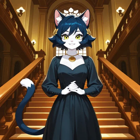 masterpiece, best quality, absurdres, very aesthetic, perfect eyes, (detailed eyes:1.5), detailed hands, (detailed fingers:1.5), detailed nails, detailed face, smiling, Cyanna1c, Cyanna, Cat Girl, Furry Female, 1Girl, Dark Blue Hair, Short Hair, Tall Cat Ears, Yellow-Green Eyes, Pink Cat Nose, White Face, White Skin, White Fur, White Body Fur, Cat Tail, Dark Blue Cat Tail, White Tipped Tail, elegant black dress, gold hair ornaments, posing, standing on bifurcated staircase, ornate house, front view, looking at viewer, inside, cowboy shot, full shot, dramatic lighting, cinematic atmosphere, (cartoon style:1.6), Cartoon Illustration