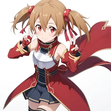 score_9, score_8_up, score_7_up, score_6_up, source_anime, highres, hi res, best quality, masterpiece, 2d, intricate details, official style, anime, 4k, anime style, restart uniform,
e621, 1girl, solo, female, long hair, red eyes, brown hair, hair ornament, hair between eyes, ribbon, twintails, hair ribbon, red ribbon, short twintails, 
skirt,long sleeves, gloves, thighhighs, pleated skirt, detached sleeves, black thighhighs, black skirt, miniskirt, fingerless gloves, armor, zettai ryouiki, red gloves, breastplate, red sleeves, long coat, 
silica, sword art online,
double v, v, double v sign, three-quarter portrait, cowboy shot, looking at viewer, white, simple background, white background,  <lora:Silica_Pony:1>