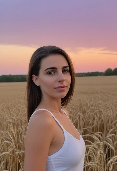 30yo american woman in a wheat field
Small eyes. Brown eyes.
Wearing white tank top. no makeup. Clear skin.  realistic skin style
Long dark black slick back hair. No makeup. Dusk, Street light. Looking at camera POV. Slight smile, tilting head.. Tilt head. Hands in head, face, lips.
Medium Close Up shot. Bokeh. Bokeh light. Sunset. yellow, purple sky.