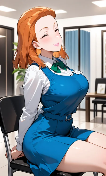 (masterpiece, best quality, ultra-detailed, very aesthetic), questionable, newest, 1girl, looking at viewer, (cowboy shot:1.3),indoor, smile, department store, <lora:koshitani-junko:0.9> (koshitani-junko), (black eyes, orange hair, medium hair, hair slicked back, forehead, pink lips), (blue dress, pinafore dress, medium dress, white collared shirt, long sleeves, green bowtie, name tag), (large breasts), 
 from side, sitting chair, closed eyes, stretching, arms behind back
