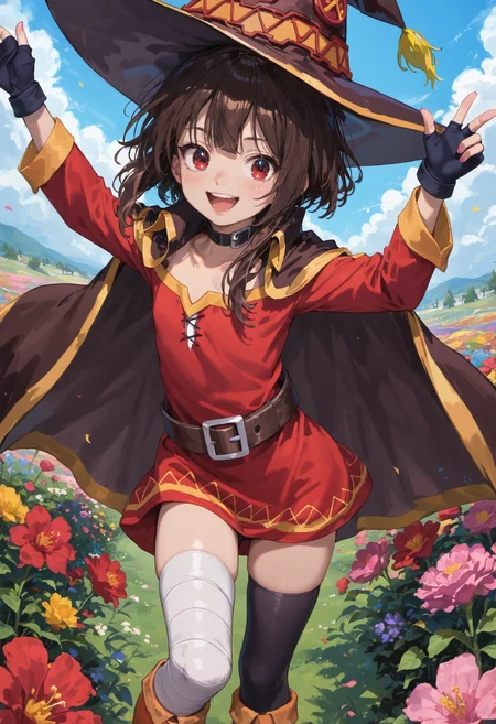 score_9,score_8_up,score_7_up,high quality,highres,masterpiece,colorful,vibrant,flower field,flower,+ +,smile,<lora:Megumin_Konosuba:0.8>,megumin,red eyes,brown hair,short hair,sidelocks,flat chest,black belt choker,fingerless black gloves,red short dress,off-shoulder dress,witch hat,black cape,bandaged leg,brown belt,black single thighhigh,boots,excited,