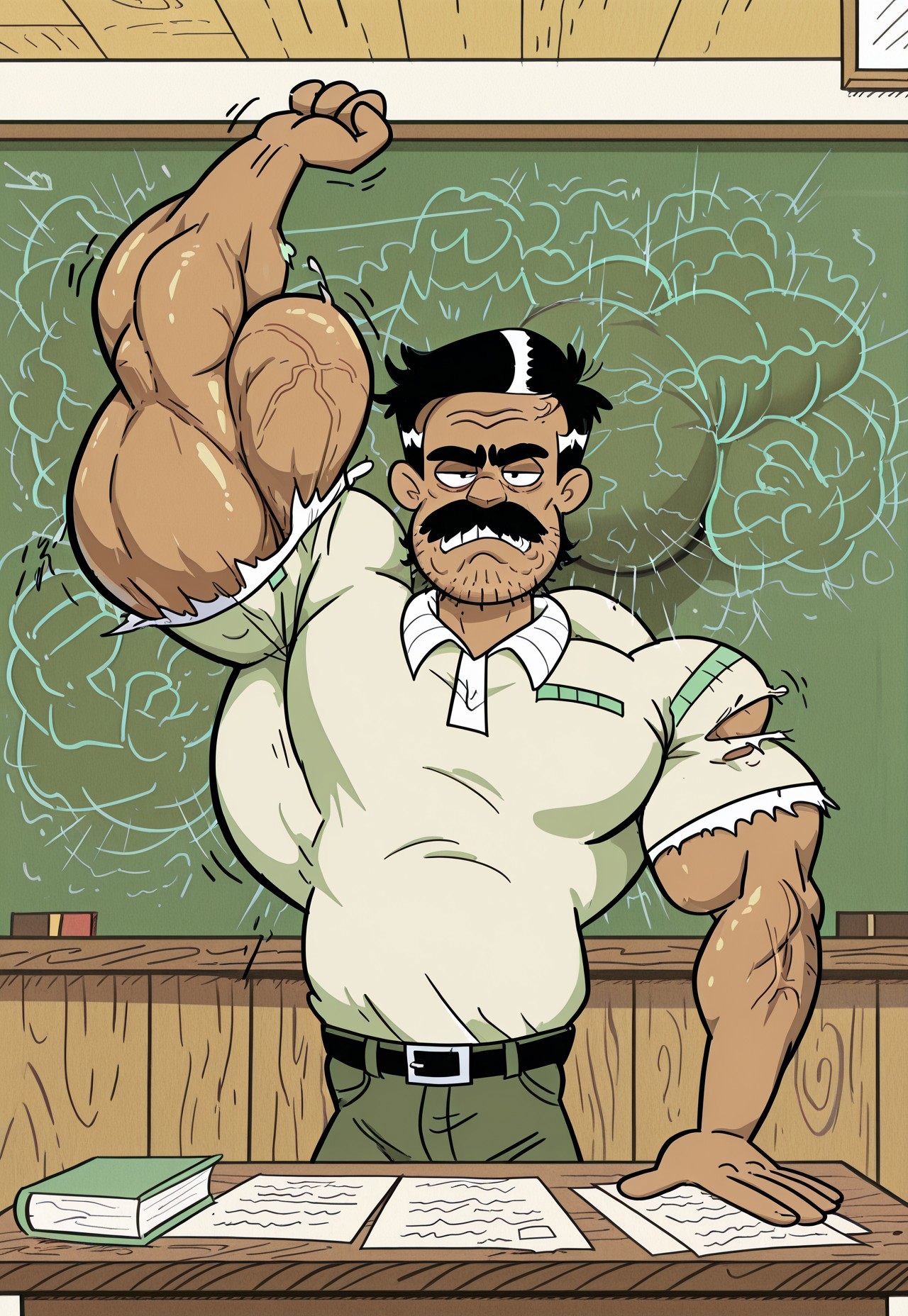 masterpiece, best quality, amazing quality, very aesthetic, absurdres, newest,  high quality, detailed, Bolhofner, 1boy, male, solo male, human, mature male, black eyes, short black hair, mustache, stubble, tan skin, thick eyebrows, scruffy, facial hair, torn tight green shirt, ripped sleeves, uneven hyper pec growth, leaning back, Uneven hyper bicep growth, muscle growth, Uneven hyper muscle growth, Uneven hyper arm growth, indoors, classroom, looking at viewer, grumpy expression, half lidded eyes, broad shoulders, standing, half body, volumetric lighting, chalkboard, desk, papers on desk