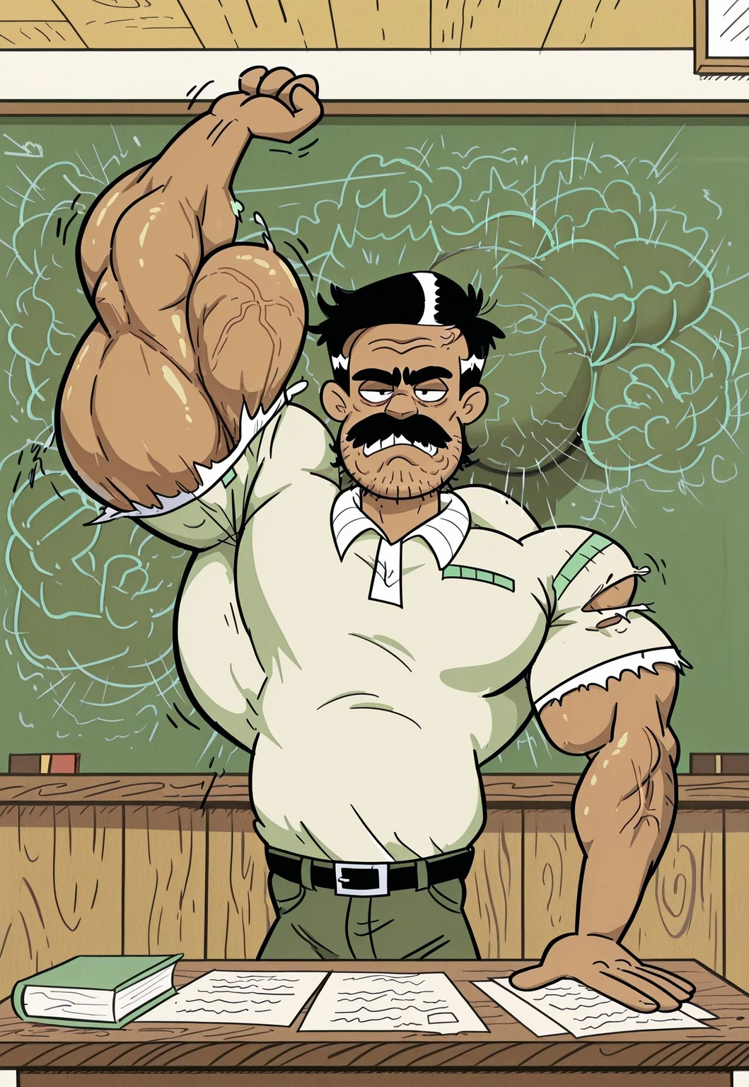 masterpiece, best quality, amazing quality, very aesthetic, absurdres, newest, high quality, detailed, Bolhofner, 1boy, male, solo male, human, mature male, black eyes, short black hair, mustache, stubble, tan skin, thick eyebrows, scruffy, facial hair, torn tight green shirt, ripped sleeves, uneven hyper pec growth, leaning back, Uneven hyper bicep growth, muscle growth, Uneven hyper muscle growth, Uneven hyper arm growth, indoors, classroom, looking at viewer, grumpy expression, half lidded eyes, broad shoulders, standing, half body, volumetric lighting, chalkboard, desk, papers on desk