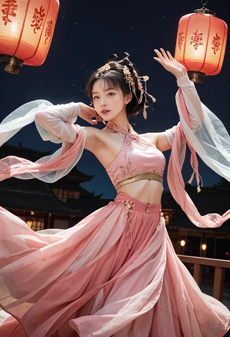 1girl,solo,,ruanyi0755,halterneck,pink dress,see-through,detached sleeves,jewelry,navel,shawl,dancing,sky lantern,<lora:0755 Dunhuang Goddess_v1_pony:1>, score_9,score_8_up,score_7_up,,8k,1girl,solo,