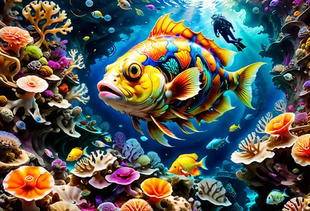 high contrast, lively colors, highest quality,masterpiece, 4K HD,vibrant colors ,wide angle, cinematic,  realistic, hyper detailed,Extremely high-resolution details, photographic, realism pushed to extreme, fine texture, incredibly lifelike,sharp, colorful
hyperkraximalism,
a diver descends into the ocean abyss, wide angle , reefs, fish