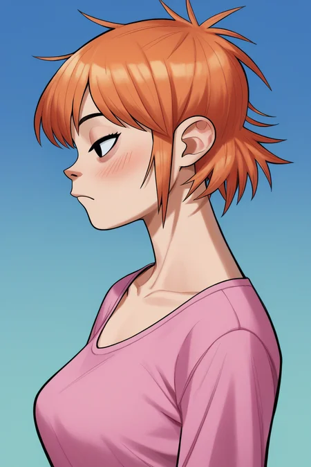 score_9, score_8_up, score_7_up, BREAK, 1girl, solo, breasts, <lora:noodlegorillaz-guy-PONYv1:1>, noodlegorillaz, 1girl, solo, blush, bangs, simple background, shirt, closed mouth, collarbone, orange hair, from side, gradient, gradient background, profile, blue background, portrait, pink shirt