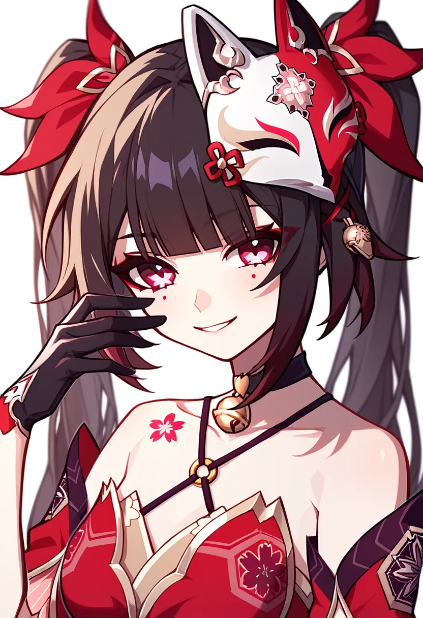 score_9,score_8_up,score_7_up,<lora:star_rail_all_v2:1>,1girl, sparkle_\(honkai:_star_rail\), twintails, fox_mask, bare_shoulders, mask_on_head, black_choker, pink_eyes, red_dress, detached_sleeves, neck_bell, black_hair, black_gloves, brown_hair, very_long_hair