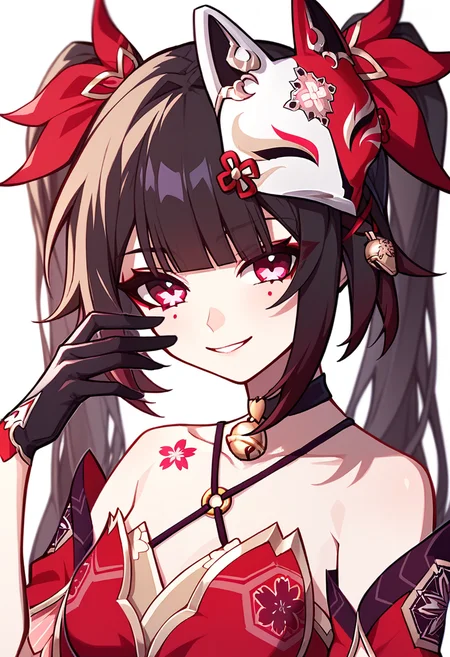 score_9,score_8_up,score_7_up,<lora:star_rail_all_v2:1>,1girl, sparkle_\(honkai:_star_rail\), twintails, fox_mask, bare_shoulders, mask_on_head, black_choker, pink_eyes, red_dress, detached_sleeves, neck_bell, black_hair, black_gloves, brown_hair, very_long_hair