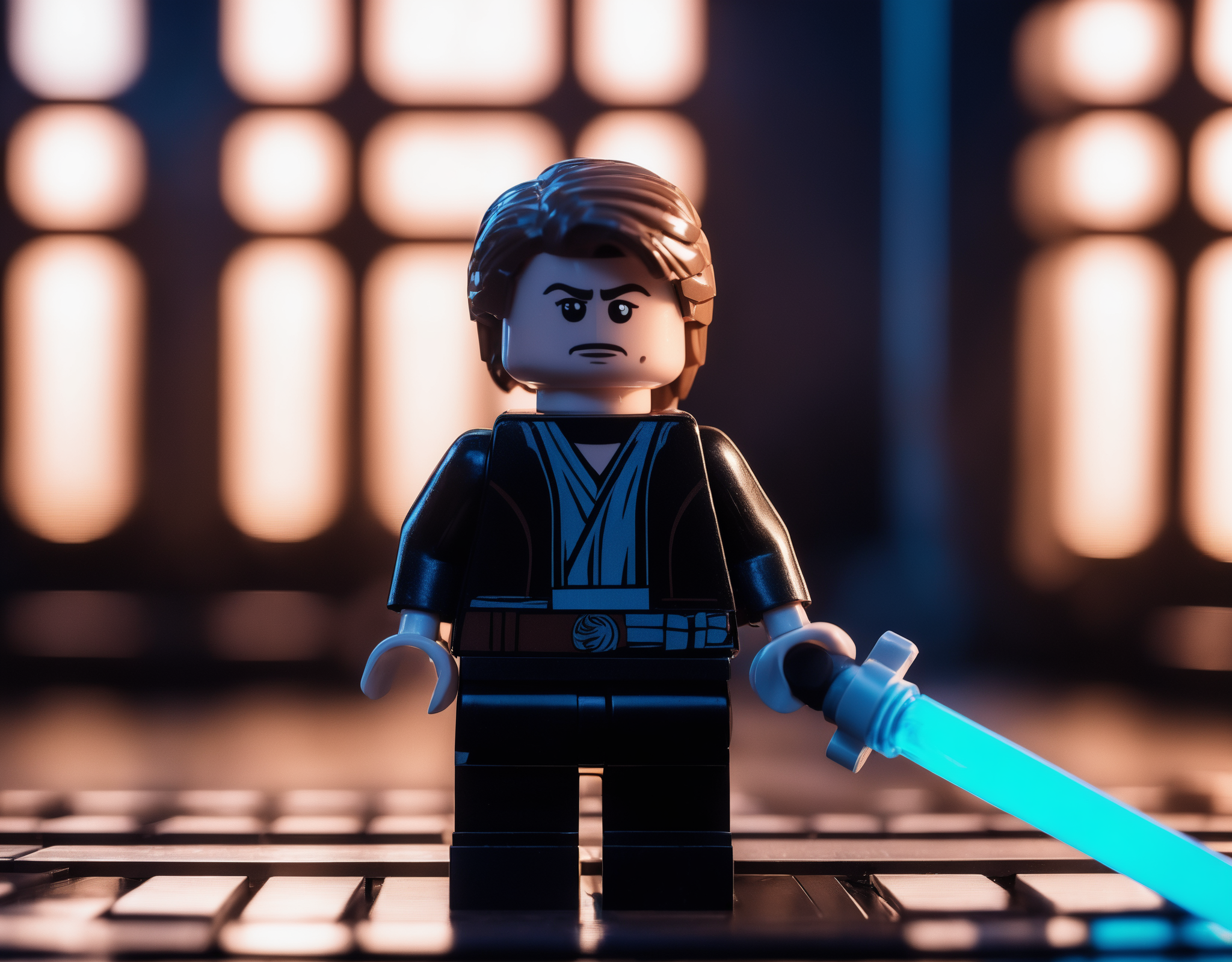 lego, anakin skywalker, blue lightsaber, dark atmosphere, (masterpiece), (realistic), sharp focus, dramatic, award winning, cinematic lighting, RAW photo, (film grain), wallpaper, ray tracing, 8k