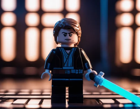 lego, anakin skywalker, blue lightsaber, dark atmosphere, (masterpiece), (realistic), sharp focus, dramatic, award winning, cinematic lighting, RAW photo, (film grain), wallpaper, ray tracing, 8k