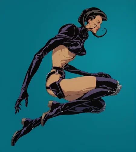 score_9,score_8_up, score_7_up,
aeon flux, full body, side view, 1girl, aqua background, black hair, blue background, boots, gloves, gradient background, 1girl, solo, midriff, thighhighs
<lora:Always_In_Flux_Style:1> <lora:Aeon_Flux-000007:.8>