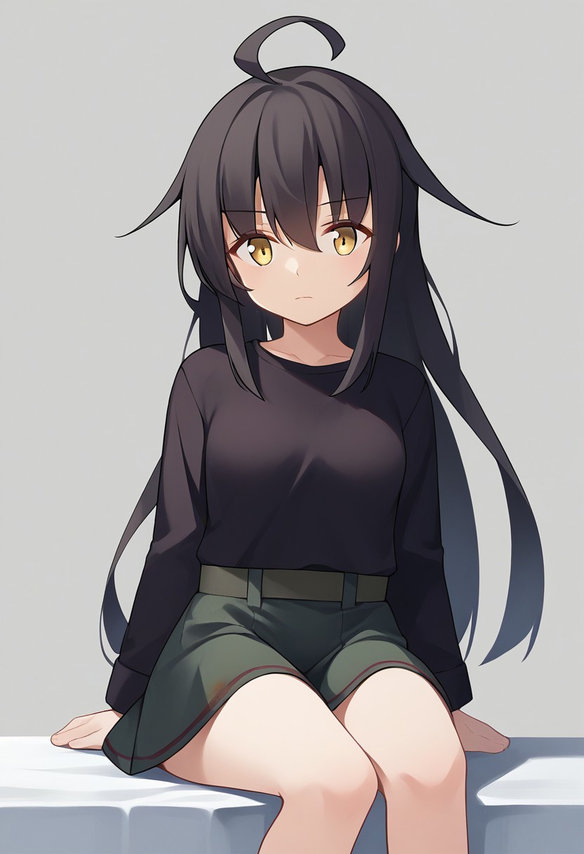 score_9, score_8, score_7, source_anime, mikazuki (kancolle), full body, closed mouth, small breasts, upper body, sitting, black shirt, skirt, cowboy shot