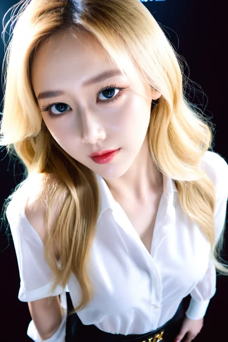 beautiful girl, amazing famous global kpop idol star, (from above:1.3), standing, (looking at viewer), question, blonde hair, very long hair, wavy hair, (head tilt), white blouse, ((upper body shot)), huge breasts, close photo, <lora:K-Tuned06:0.5>, (concert:1.2),