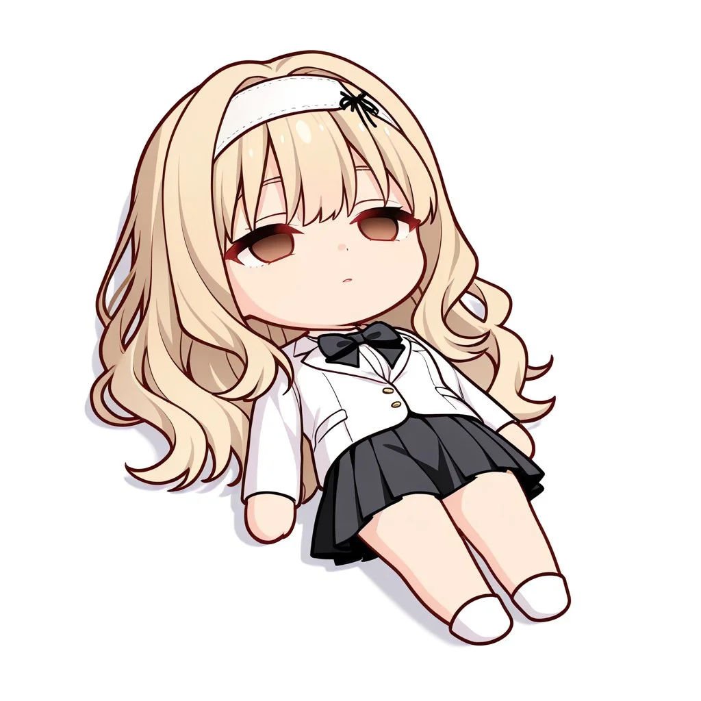 masterpiece, best quality, newest, chibi, full body, lying, on back, empty eyes, solo, 1girl, simple background, white background, KijiHyou, brown eyes, blonde hair, long hair, white hairband, wavy hair, White jacket, white inner shirt, black skirt, pleated skirt, black bowtie