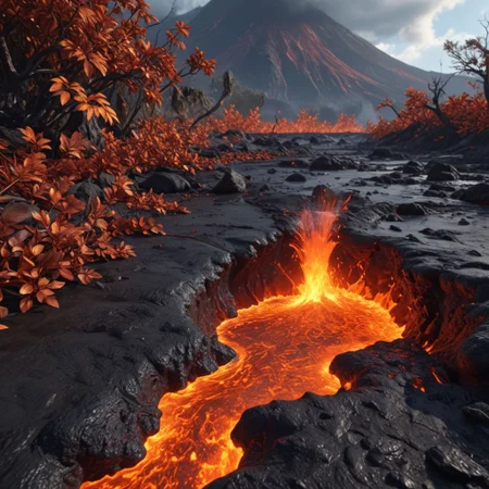 Photograph of lava from a volcano, a water shadow flies above with leaves flying all around it with the wind, in the background we see the earth, realistic style, 8K, 5D canon, 50mm lens, 1.2, very detailed, realistic rendering, full body, natural lighting, photography, no defects, the overall composition is majestic, very beautiful realistic photo