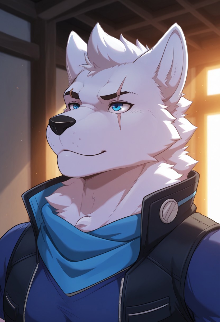 max, solo, alaskan malamute, furry, smile, blue eyes, scar across eye, muscular, dynamic angle, face focus, portrait, blue shirt, short sleeves,  sleeveless jacket, high collared, blue scarf, open jacket, BREAK masterpiece, best quality, amazing quality, very aesthetic, high resolution, 4K, extremely-detailed, depth of field, separate focus, newest, detailed background, detailed fur, detailed muscles, cinematic lighting