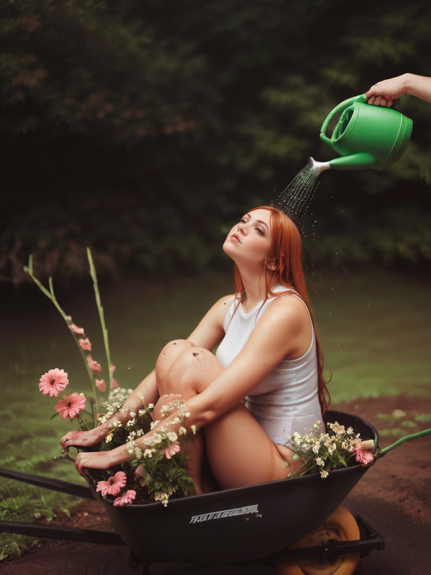 score_9, score_8_up, score_7_up, score_6_up, 1girl,  <lora:gr0wXLP:0.6> dirty, flowers, gr0w, leotard, wheelbarrow, ginger hair, large breasts, watering can