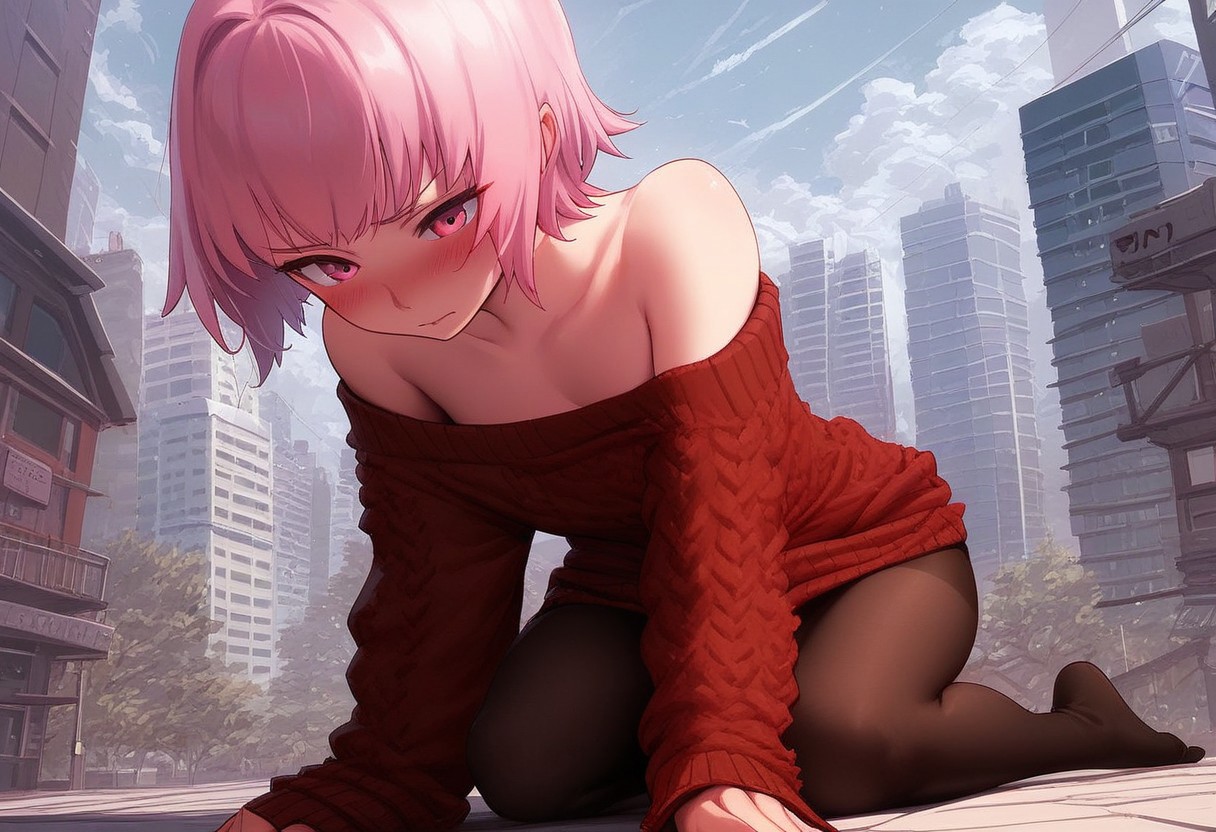 ,score_9, score_8_up, score_7_up, score_6_up, score_5_up,(solo:1.9),1girl, 
BREAK
Tamao Tamamura , pink hair, pink eyes, short hair, (small breasts),on knees, 
BREAK, 
bare shoulders,  collarbone, dress, long sleeves, off shoulder, off-shoulder dress, off-shoulder sweater, pantyhose, red sweater, sweater, sweater dress, clothes lift, shirt lift, removing shirt, taking top off, thighs, blush, blushing female, pose sexy, lying down
BREAK
daytime,city , city view, buildings