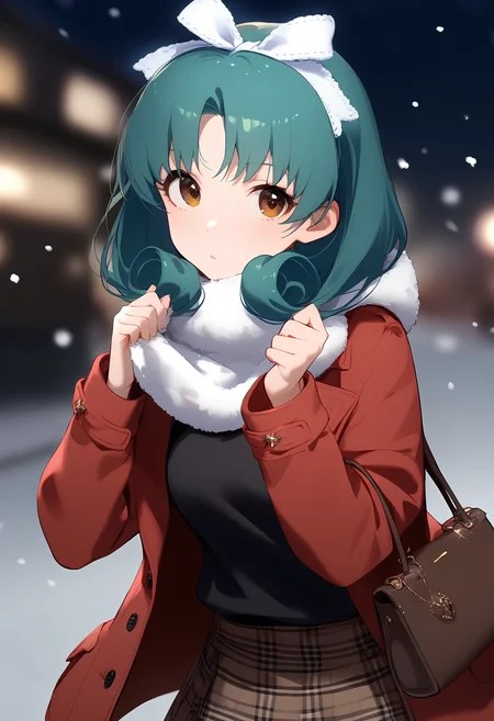 1girl,
tokugawa matsuri,
looking at viewer, green eyes, brown skirt, black sweater, curly hair, skirt, open clothes, coat, red coat, pink coat, bag, blurry, plaid, closed mouth, brown eyes, holding, holding bag, virtual youtuber, holding scarf, fur collar, long sleeves, snowing, blurry background, hands up, scarf, ribbon, standing, hair ribbon, jacket, cowboy shot, handbag, white ribbon, short hair, solo, plaid skirt, sweater, holding clothes, open coat,
sfw
<lora:a31_char_new_tokugawa_matsuri-000026:1> <lora:a31_style_koni-000010:0.8>