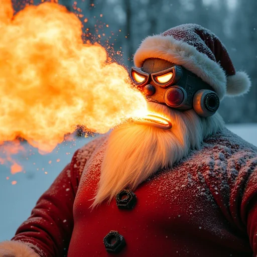A semi-realistic Robot Santa breathing a massive plume of fire, his glowing red eyes and metallic features contrasting against a snowy background. The snow reflects the fiery glow, creating a dramatic and intense scene