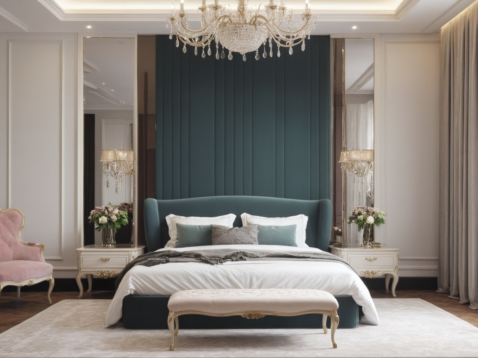 <lora:JJsLuxuryBedroom_XL:1>,  ((best quality)),((masterpiece)),((realistic)), (((Luxury Bedroom)))  , photorealistic, chair , authentic, soft lighting,indoor scenery, reflection ,wall ,rug , lamp, flower, vase , chair ,ceiling , plant, window ,curtain  ,couch,