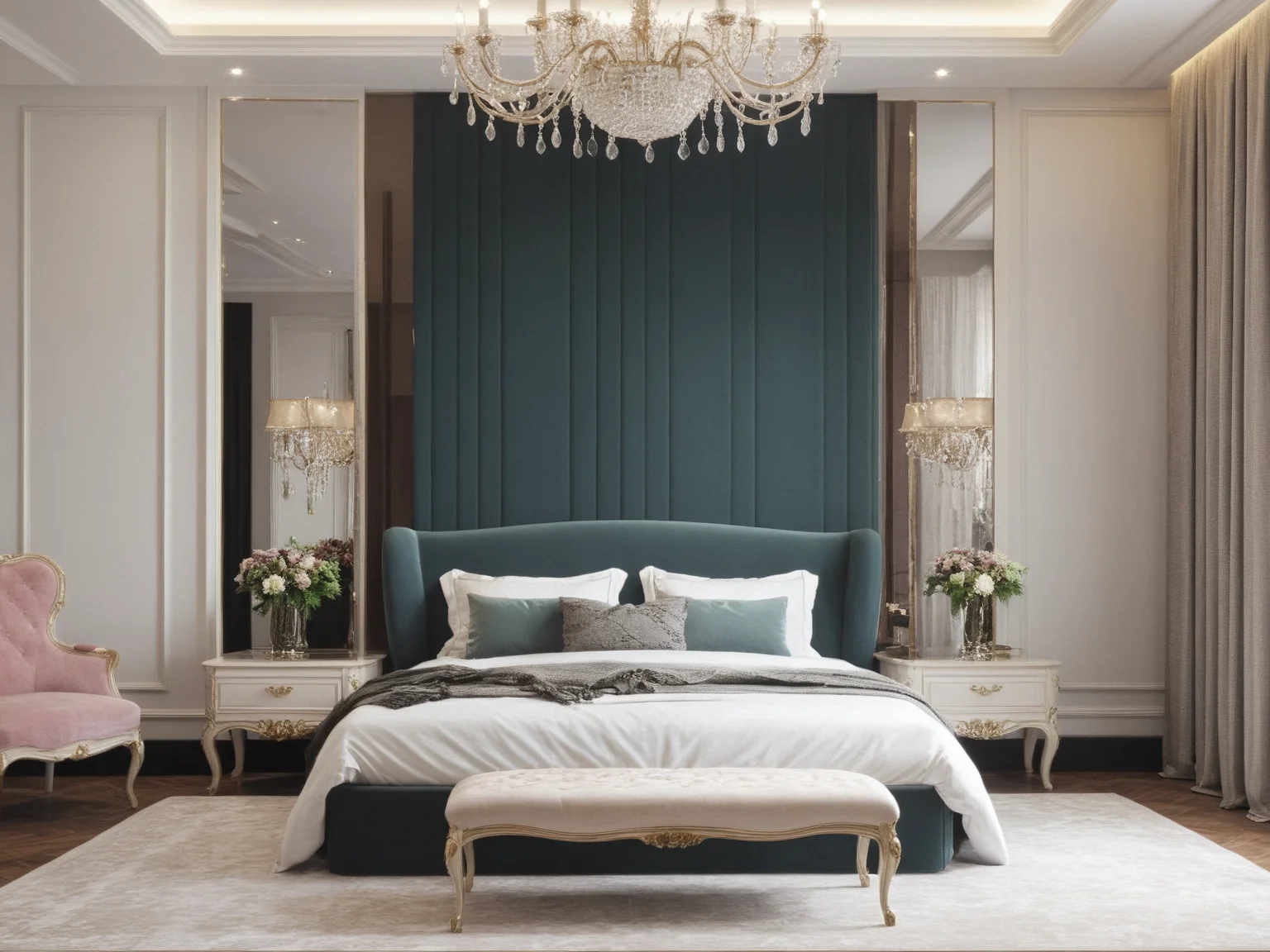 <lora:JJsLuxuryBedroom_XL:1>, ((best quality)),((masterpiece)),((realistic)), (((Luxury Bedroom))) , photorealistic, chair , authentic, soft lighting,indoor scenery, reflection ,wall ,rug , lamp, flower, vase , chair ,ceiling , plant, window ,curtain ,couch,