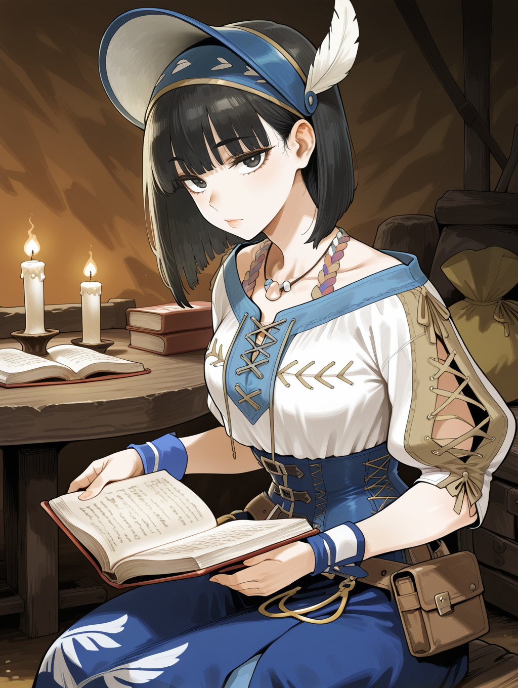 felicita,1girl,solo,sitting,open book,holding book,reading,candle,closed mouth,table,lips,blue headdress,blue necklace,blue cross-laced clothes,blue corset,blue wrist cuffs,brown belt,blue long skirt,camp,looking at viewer, 
masterpiece,best quality,amazing quality,very aesthetic,absurdres,newest,<lora:Felicita & Clerk Suit Armor illuXL v1:0.75>,