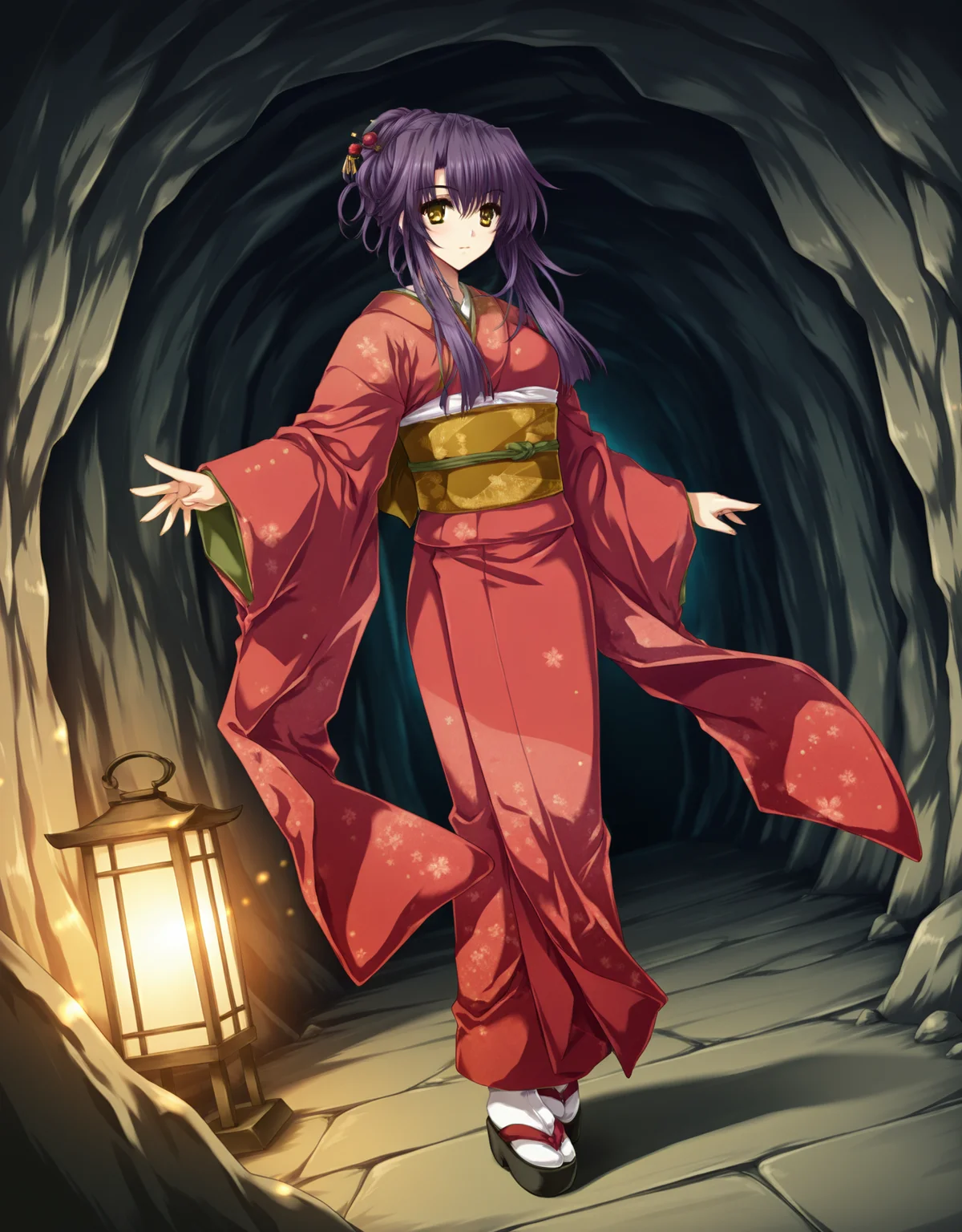 masterpiece,best quality,very aesthetic,zPDXL,
1girl,<lora:yae_new:0.8>,japanese clothes,yae_d3,solo,kimono,purple hair,long hair,hair ornament,obi,red kimono,sash,hairpin,open_eyes,full body,standing,yellow eyes,hairpin,furisode,indoors,cave,close-up,dynamic_angle,dynamic_pose,