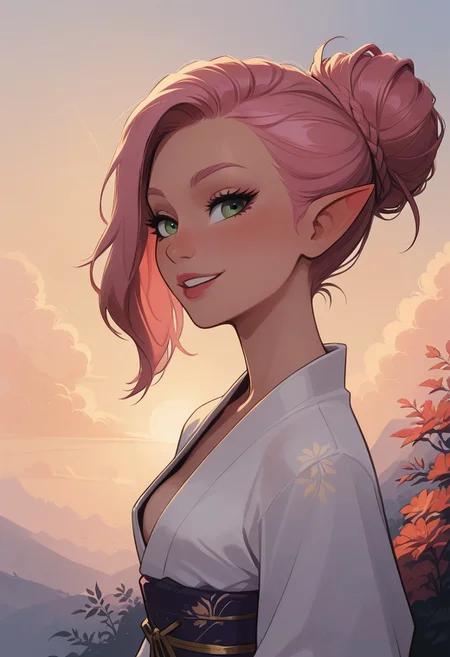 score_9, score_8_up, score_8, close up, 1girl, solo, sexy elf woman, perfect face, thick eyeliner, small breasts, long straight pink hair, sweet smile, green eyes, wearing sexy kimono, nsfw, cowboy shot, dynamic pose, dynamic angle, volumetric lighting, cinematic lighting, outdoors, zen garden