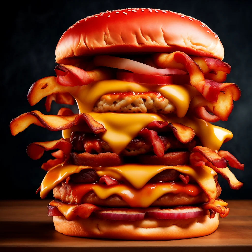 photo (QuadBurger style:1) a large cheeseburger with bacon <lora:djzQuadBurgerV21:1>