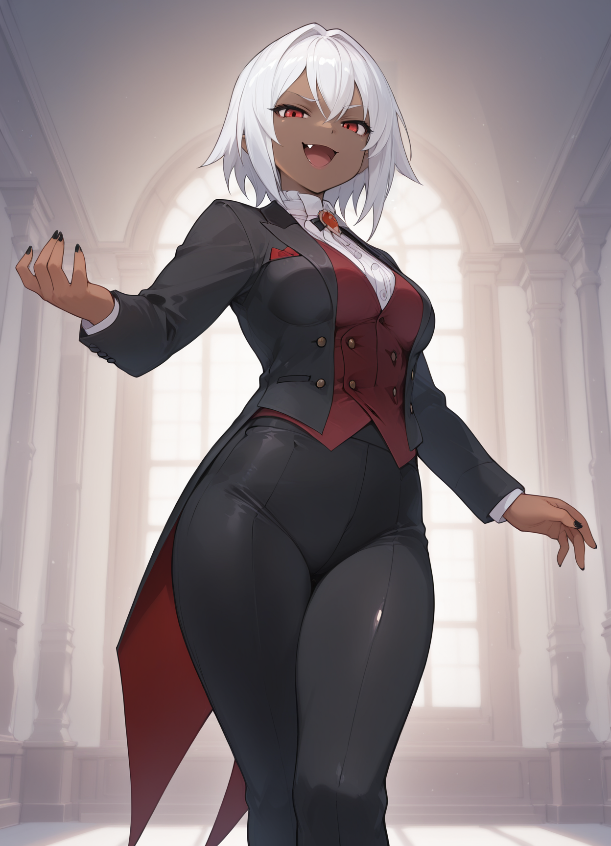 masterpiece, best quality, amazing quality, very aesthetic, absurdres, highres, newest, detailed eyes,
1girl, solo, vampire, white hair, dark-skin, dark skinned female, (tailcoat,tuxedo,frock coat:1.2), thighhighs, looking at viewer, standing, red eyes, mansion,bedroom, trousers,shirt,vest, smug, smirk, shiny skin, (medium breasts:1.3), thick, fang, half-open mouth,
<lora:Illustrious_Seo_t_style-000031:1>