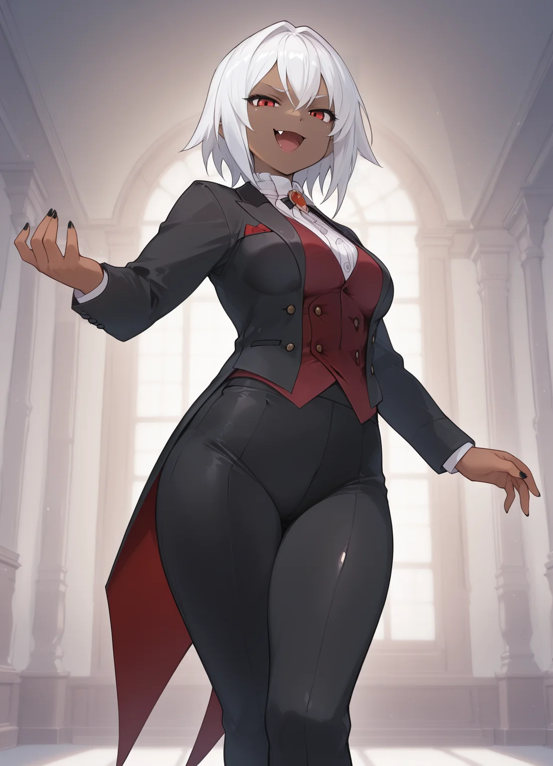 masterpiece, best quality, amazing quality, very aesthetic, absurdres, highres, newest, detailed eyes,
1girl, solo, vampire, white hair, dark-skin, dark skinned female, (tailcoat,tuxedo,frock coat:1.2), thighhighs, looking at viewer, standing, red eyes, mansion,bedroom, trousers,shirt,vest, smug, smirk, shiny skin, (medium breasts:1.3), thick, fang, half-open mouth,
<lora:Illustrious_Seo_t_style-000031:1>