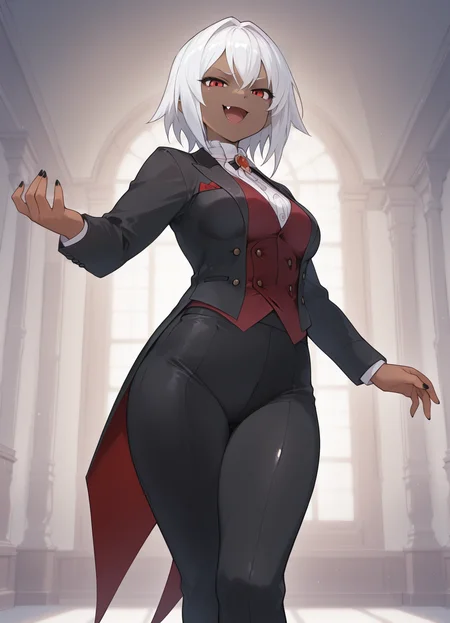 masterpiece, best quality, amazing quality, very aesthetic, absurdres, highres, newest, detailed eyes,
1girl, solo, vampire, white hair, dark-skin, dark skinned female, (tailcoat,tuxedo,frock coat:1.2), thighhighs, looking at viewer, standing, red eyes, mansion,bedroom, trousers,shirt,vest, smug, smirk, shiny skin, (medium breasts:1.3), thick, fang, half-open mouth,
<lora:Illustrious_Seo_t_style-000031:1>