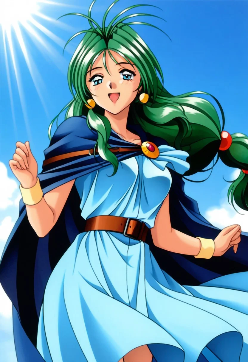 masterpiece, best quality, amazing quality, very aesthetic, high resolution, 1girl, cowboy shot, anime-style, digital art, high resolution, cute girl, smiling, sunlight, bright, clear sky, blue sky, clouds, daytime, outdoor, wind blowing her hair, dynamic pose, cheerful mood, light reflections, detailed background, high quality, beautiful, attractive, light rays, bright lighting, sky, joyful, happy, energetic, bright atmosphere, detailed shading, anime aesthetics, vibrant, lively, braid, jewelry, belt, cape, blue dress, wristband, retro artstyle, 1990s \(style\), 
clairemm, blue eyes, green hair, antenna hair, long hair, low-tied long hair, hair bobbles, medium breasts, mature female,