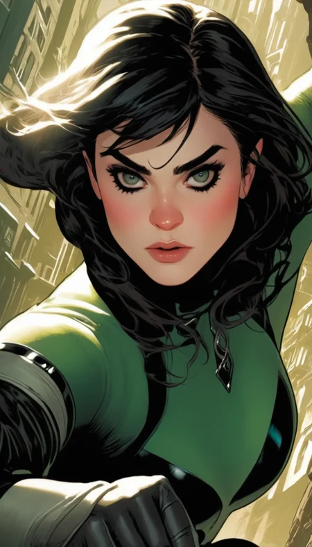 Extreme close-up, portrait of a female rogue, extremely beautiful detailed piercing eyes, hero view, action pose, cinematic scene, scenery, detailed background, masterpiece, best quality, high quality, highres, absurdres, very detailed, high resolution, sharp, sharp image, 8k, vivid, colorful, stunning, Adam Hughes <lora:adam_hughes_xl_v1:1>