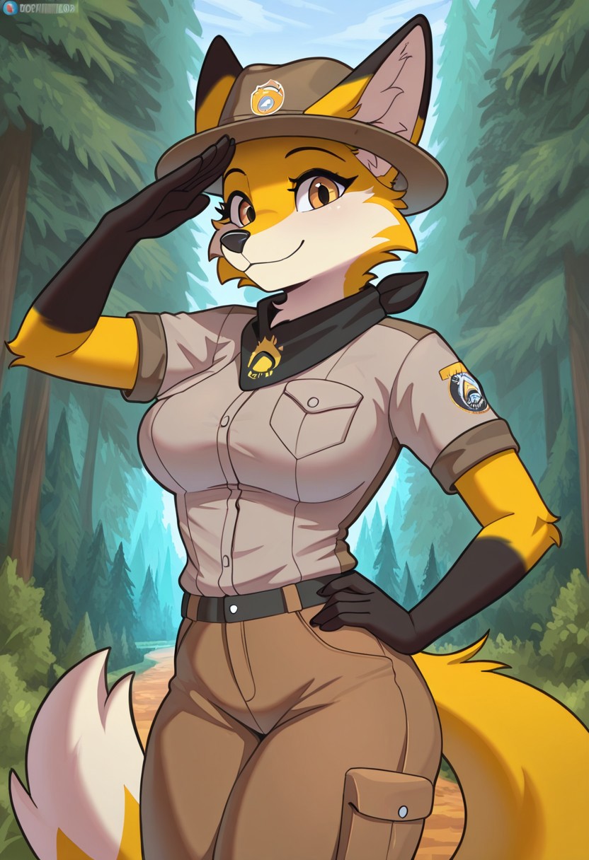 best quality, beautiful, detailed, outdoors, dynamic lighting, emberFireFox, yellow fur, countershading, solo, 1girl, breasts, black bandana, neck bandana, smile, brimmed hat, salute, hand on hip, collared shirt, pants, forest ranger, park ranger, fox, furry, looking at viewer