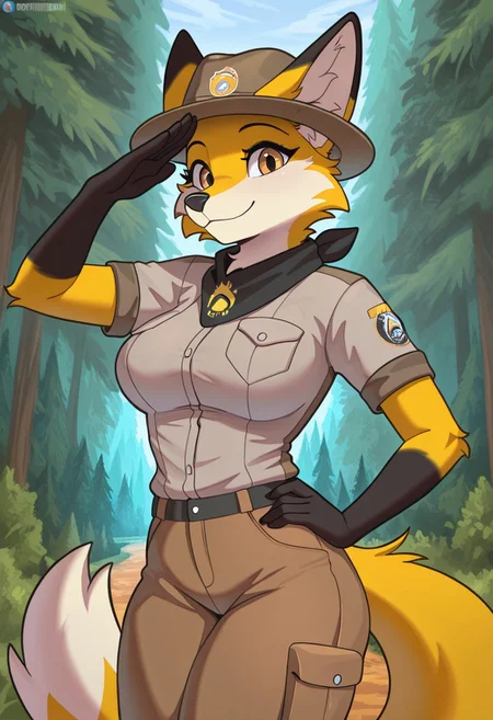 best quality, beautiful, detailed, outdoors, dynamic lighting, emberFireFox, yellow fur, countershading, solo, 1girl, breasts, black bandana, neck bandana, smile, brimmed hat, salute, hand on hip, collared shirt, pants, forest ranger, park ranger, fox, furry, looking at viewer