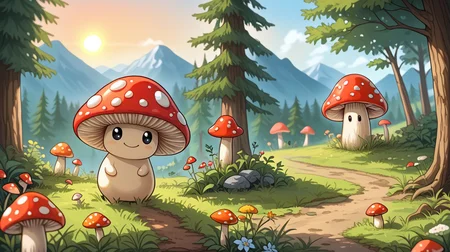 cute mushroom, , red cap covered in white spot, smile, many cute mushrooms, smile, kawaii eyes, in forest, mountain, sun, adventure, depth of field, flowers, trees, grass, small arms, no legs <lora:cute_mushroom:1>
