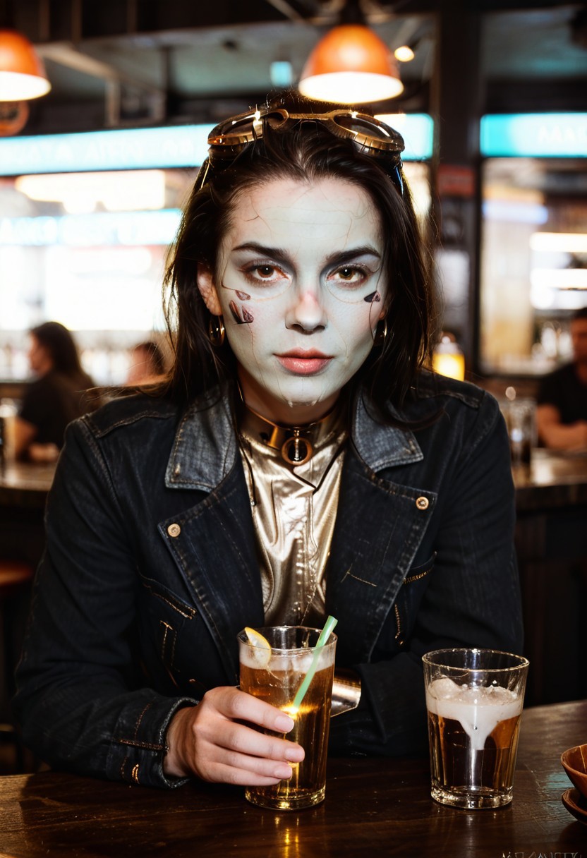 score_9, score_8_up, score_7_up, cyborg, ar3na1989, Kodak Motion Picture Film Style, alien long face, goggles, (neon gold light), bartender, (bokeh), sci-fi, dark atmosphere, moody, dark hair, aesthetic,