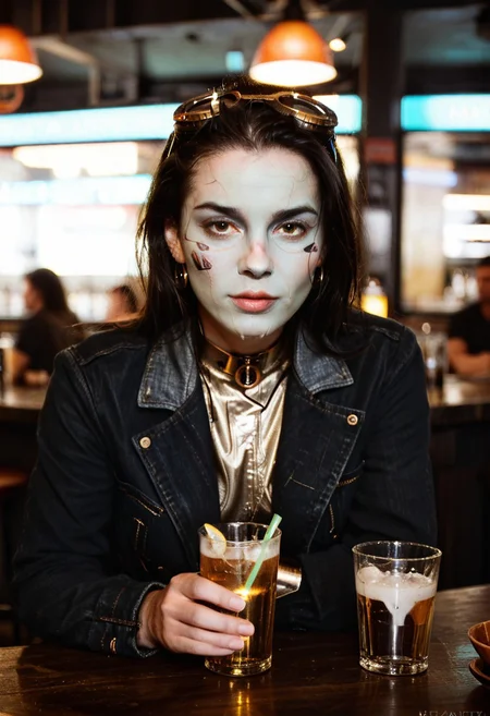 score_9, score_8_up, score_7_up, cyborg, ar3na1989, Kodak Motion Picture Film Style, alien long face, goggles, (neon gold light), bartender, (bokeh), sci-fi, dark atmosphere, moody, dark hair, aesthetic,