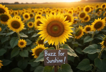 A high-resolution, aerial photograph of a vast field of sunflowers in full bloom, their golden heads all turned towards the rising sun. A single, perfectly formed sunflower in the foreground is slightly larger and more detailed than the rest. beneath the sunflower, is a hand-painted sign, reading "Buzz for Sunshine!". The overall scene is bathed in the warm, golden light of the sunrise, creating a sense of optimism and vitality. Ultra-high definition, wide-angle perspective, and a focus on the vibrant colors and intricate details of the sunflowers.