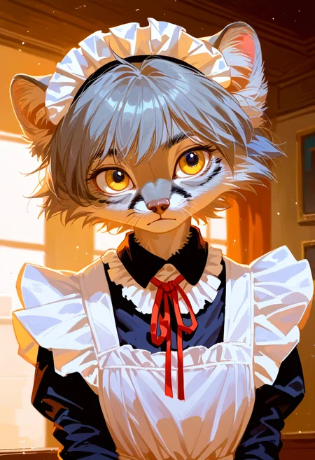 anthro manul girl,kid,golden eyes,maid outfit,(grey hair:1.1),short hair,portrait, indoors,grey fur,
<lora:Perfect Hands:1> <lora:æ°çå
ç²:1> <lora:fkey_pony_v1:0.5> <lora:naip33:1>, score_9, score_8_up, score_7_up, score_6_up, score_5_up, score_4_up,zPDXL